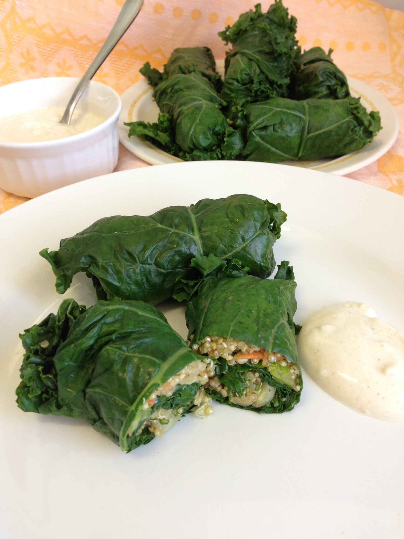 Kale & Quinoa Dolmades With Yoghurt Dipping Sauce